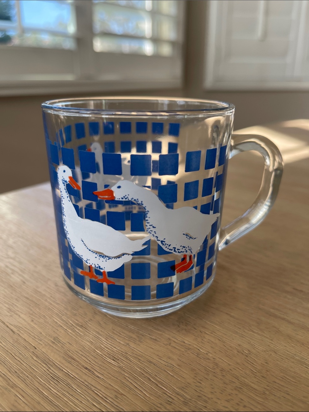 Carlton Liminarc Goose Duck Clear Glass Mug Blue Checkered 1982 Farmhouse